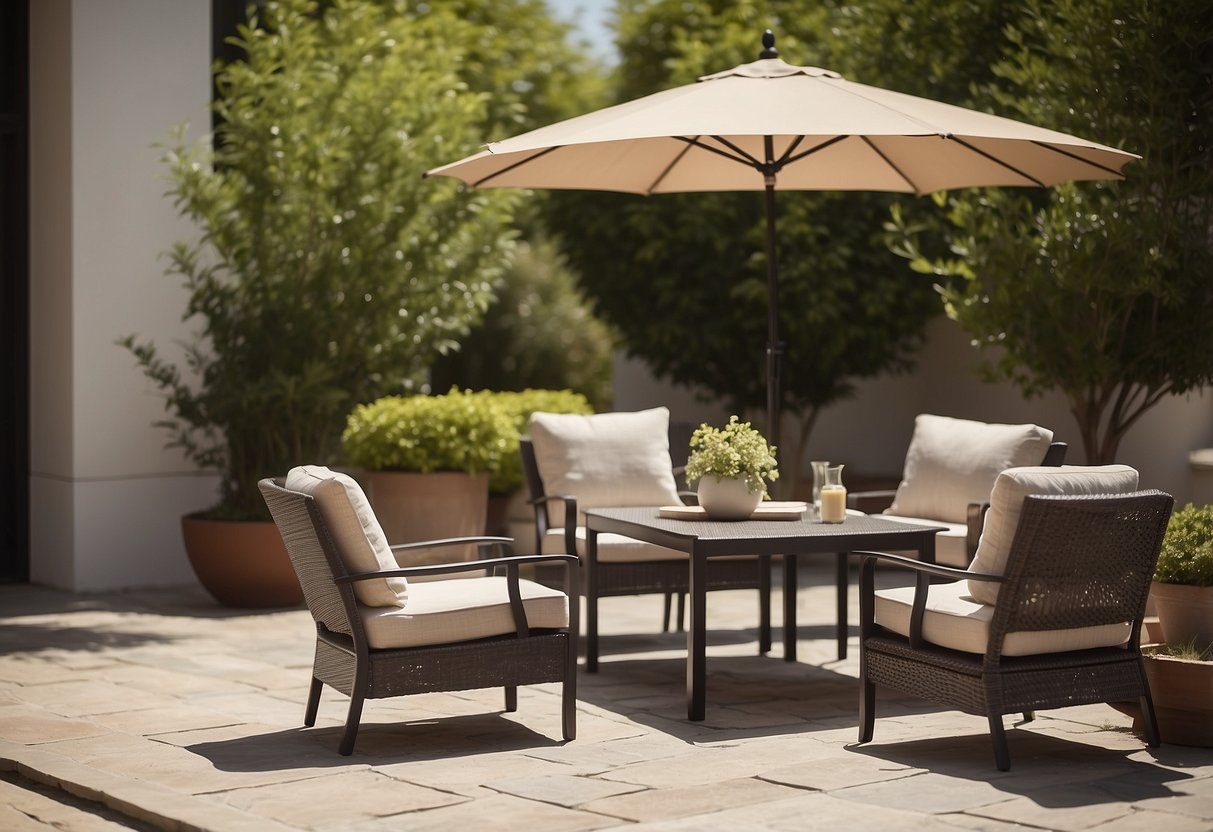 A simple patio furniture set arranged on a clean, spacious outdoor patio with a table, chairs, and a sun umbrella