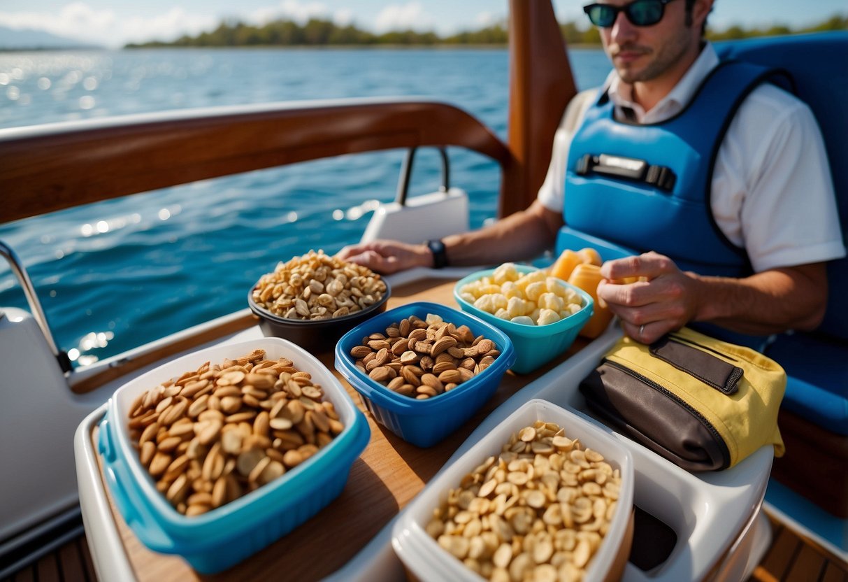 A snorkeler sits on a boat, surrounded by clear blue water. A small bag of lightweight snacks is open, with items like nuts, dried fruit, and granola bars spilling out onto the deck