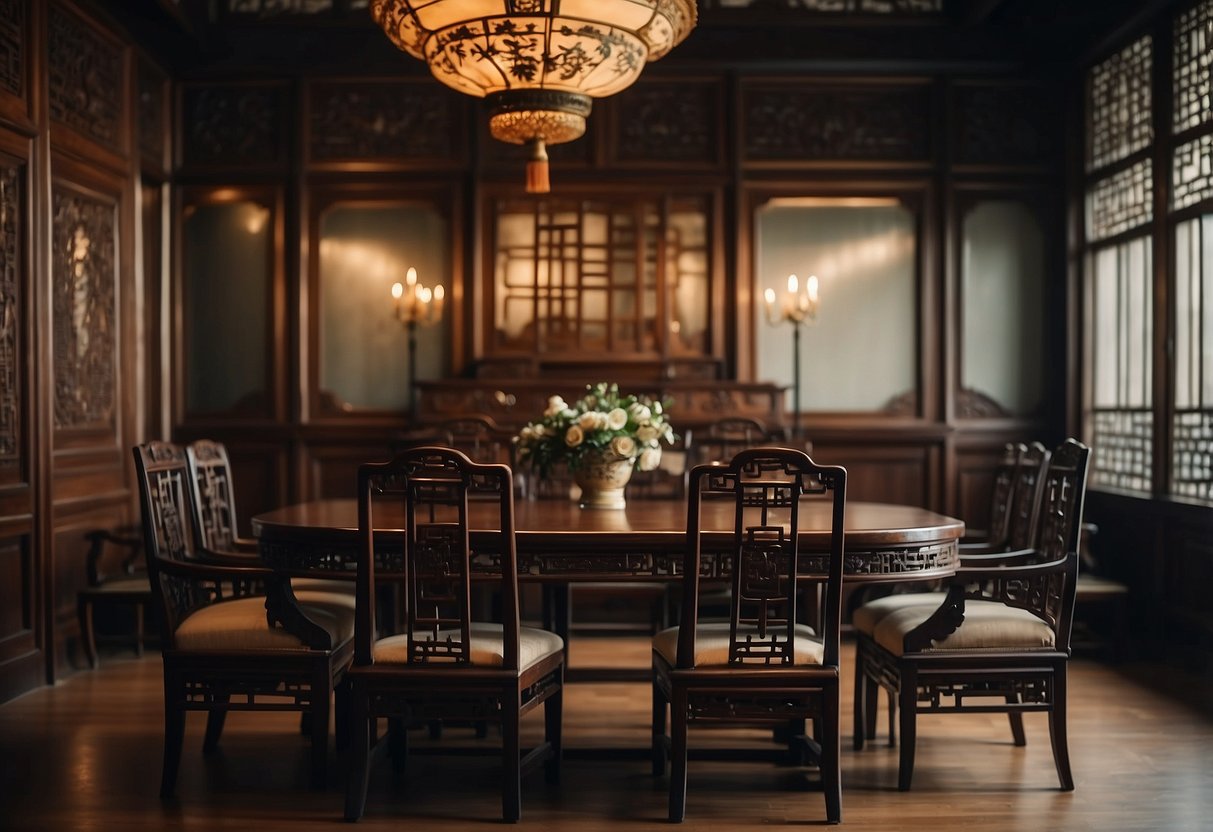 A room filled with elegant, antique furniture arranged in a traditional Chinese style. Rich, dark wood and intricate carvings adorn the tables, chairs, and cabinets, creating a sense of opulence and history