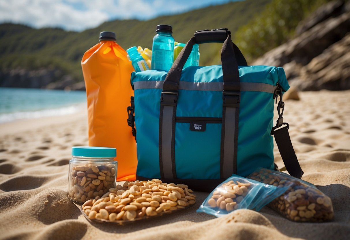 A beach bag filled with snorkeling gear and lightweight snacks, such as trail mix and granola bars, neatly packed for a day of underwater exploration