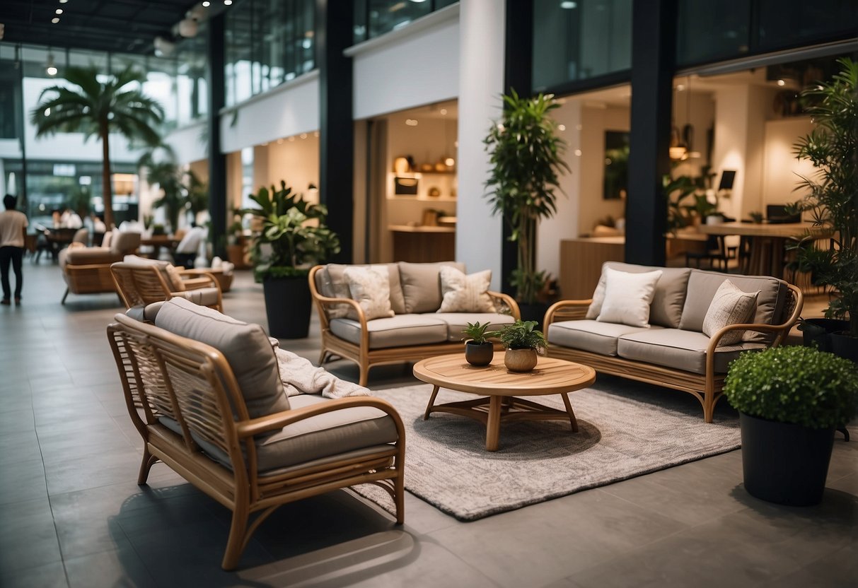 Customers browsing modern and traditional outdoor furniture sets in a spacious Singapore store
