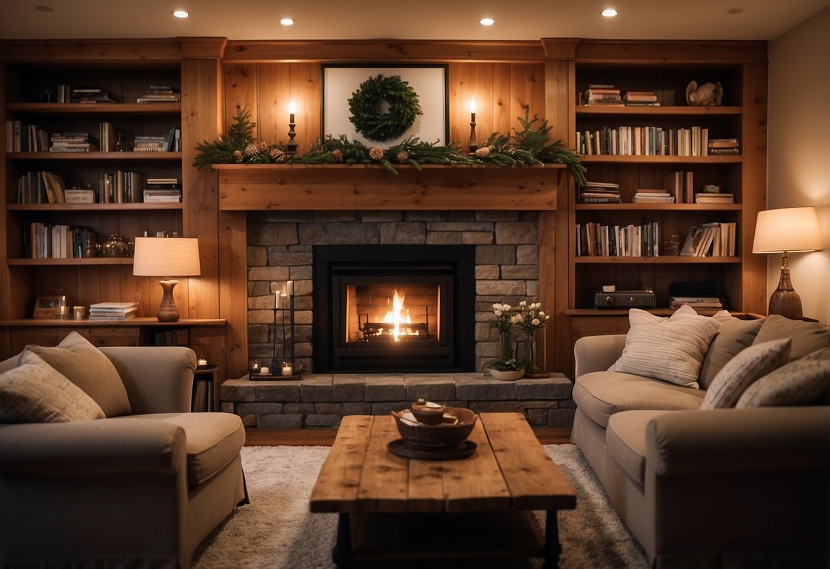 A cozy living room with a large pine coffee table, bookshelves filled with pine furniture care books, and a warm glow from a pine wood fireplace