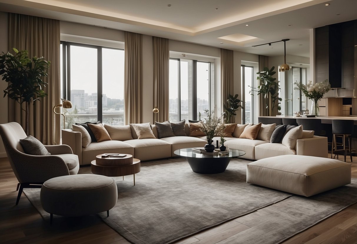 A luxurious living room with sleek, modern furniture and elegant decor. Rich textures and high-quality materials create a sophisticated and inviting atmosphere