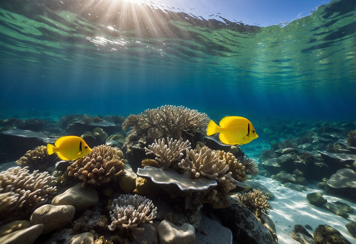 Crystal clear water reflects the vibrant coral reef below. Sunlight streams through the surface, illuminating the colorful fish and marine life. A snorkeler explores the untouched beauty of the backcountry ocean