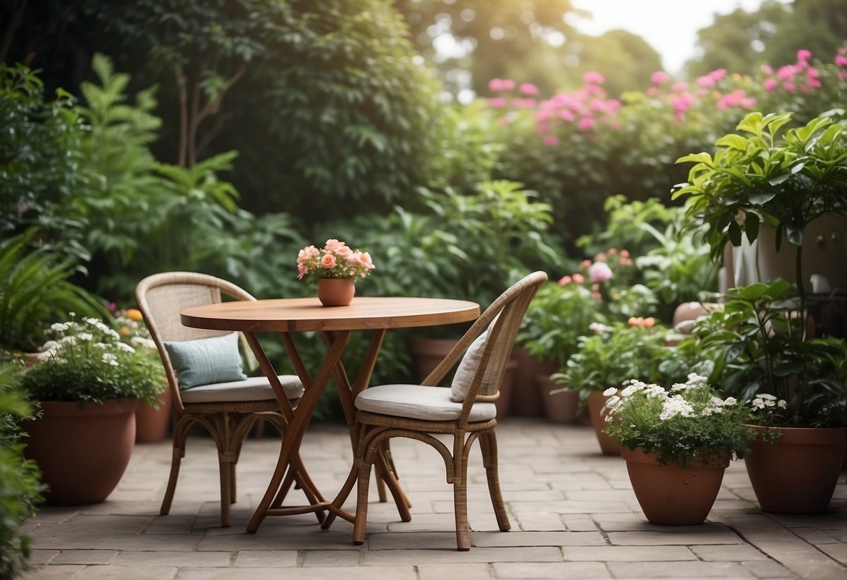 A cozy patio with simple furniture, including a table and chairs, set against a backdrop of lush greenery and blooming flowers