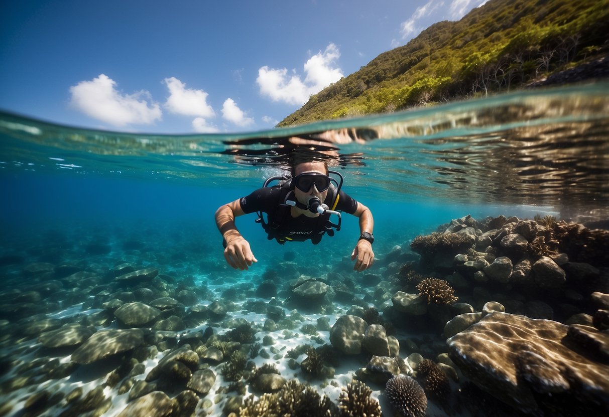 Crystal clear water, vibrant coral, and diverse marine life surround a snorkeler equipped with proper gear in a remote backcountry setting