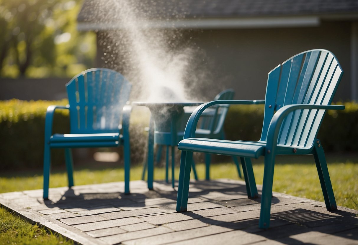 Lawn furniture being sprayed with powder coating in a well-ventilated area