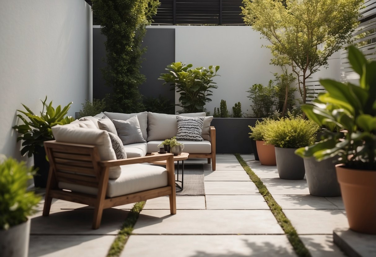A patio with simple, modern furniture arranged neatly. The space is clean and inviting, with a few potted plants adding a touch of greenery