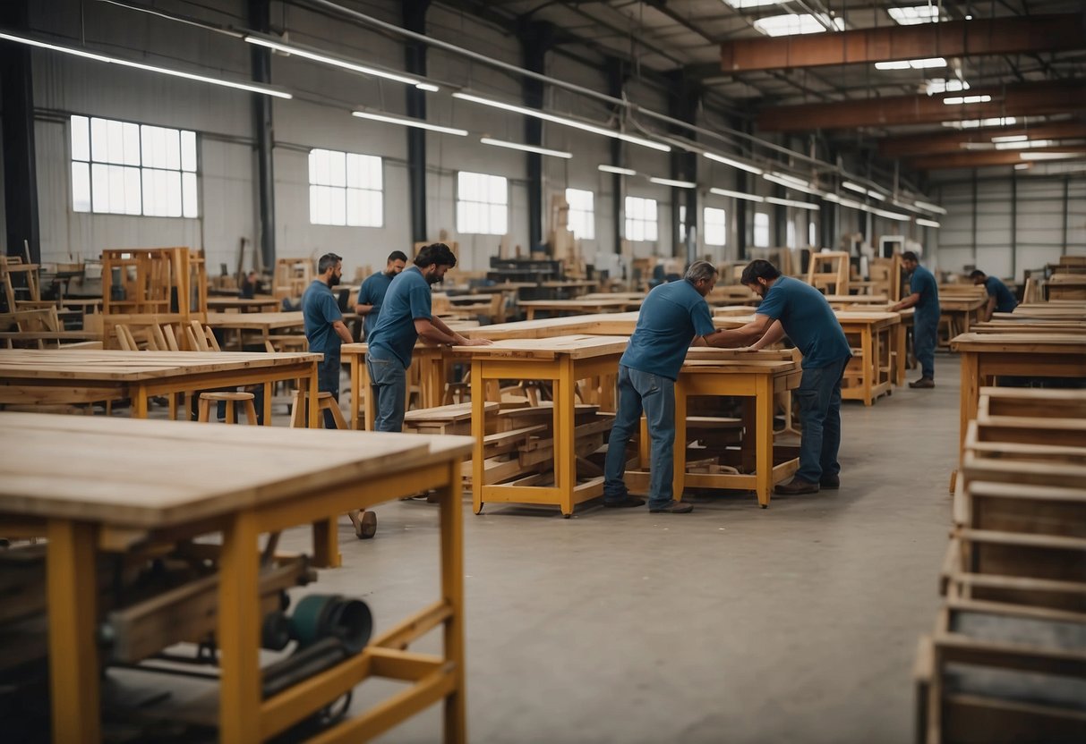 A bustling furniture factory with workers assembling and finishing wooden chairs and tables. Machinery hums as sawdust fills the air