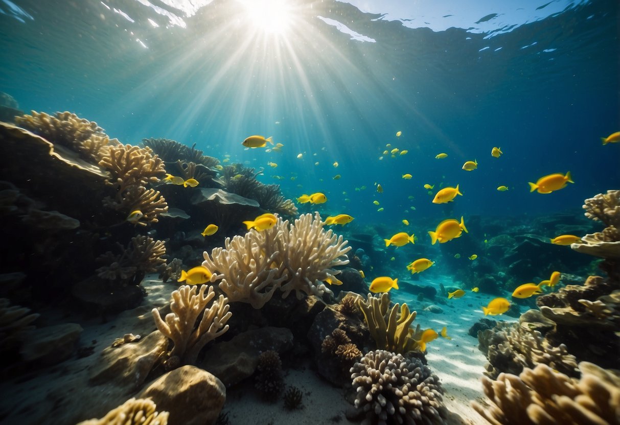 Crystal clear water teeming with colorful fish and vibrant coral. Sunlight filters through the surface, casting a mesmerizing glow on the underwater landscape. A peaceful and untouched backcountry marine environment