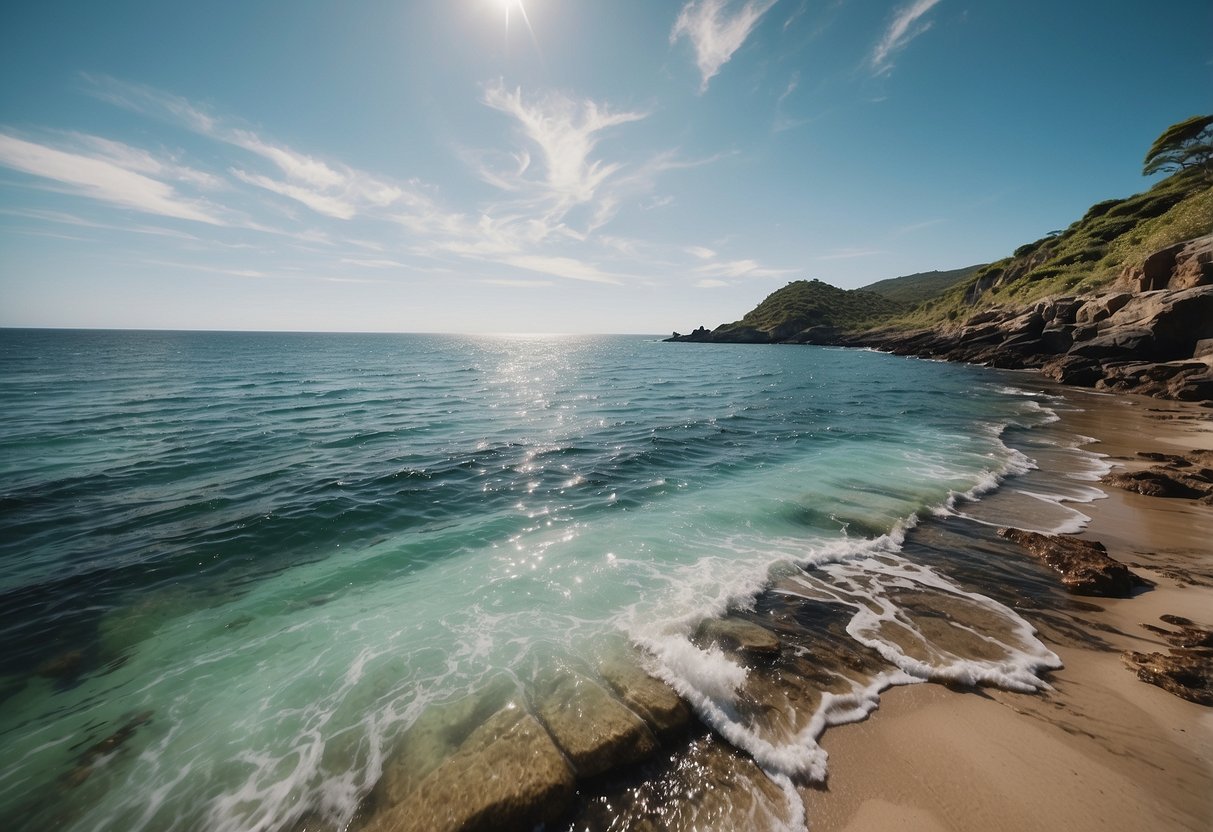 Crystal clear water with gentle waves, sunny skies, and a light breeze. Lush greenery and rugged coastline in the background