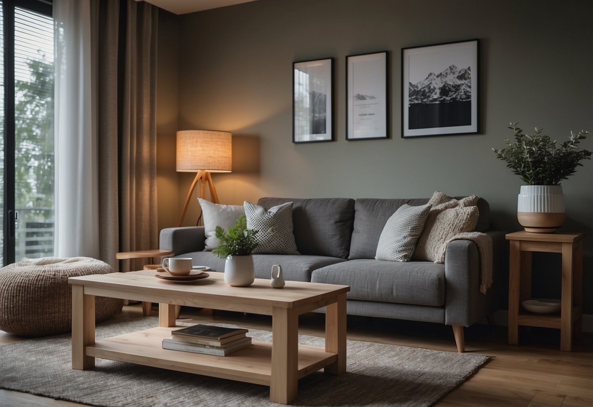 A cozy living room with modern pine furniture arranged neatly. A FAQ booklet sits on the coffee table, next to a stylish lamp