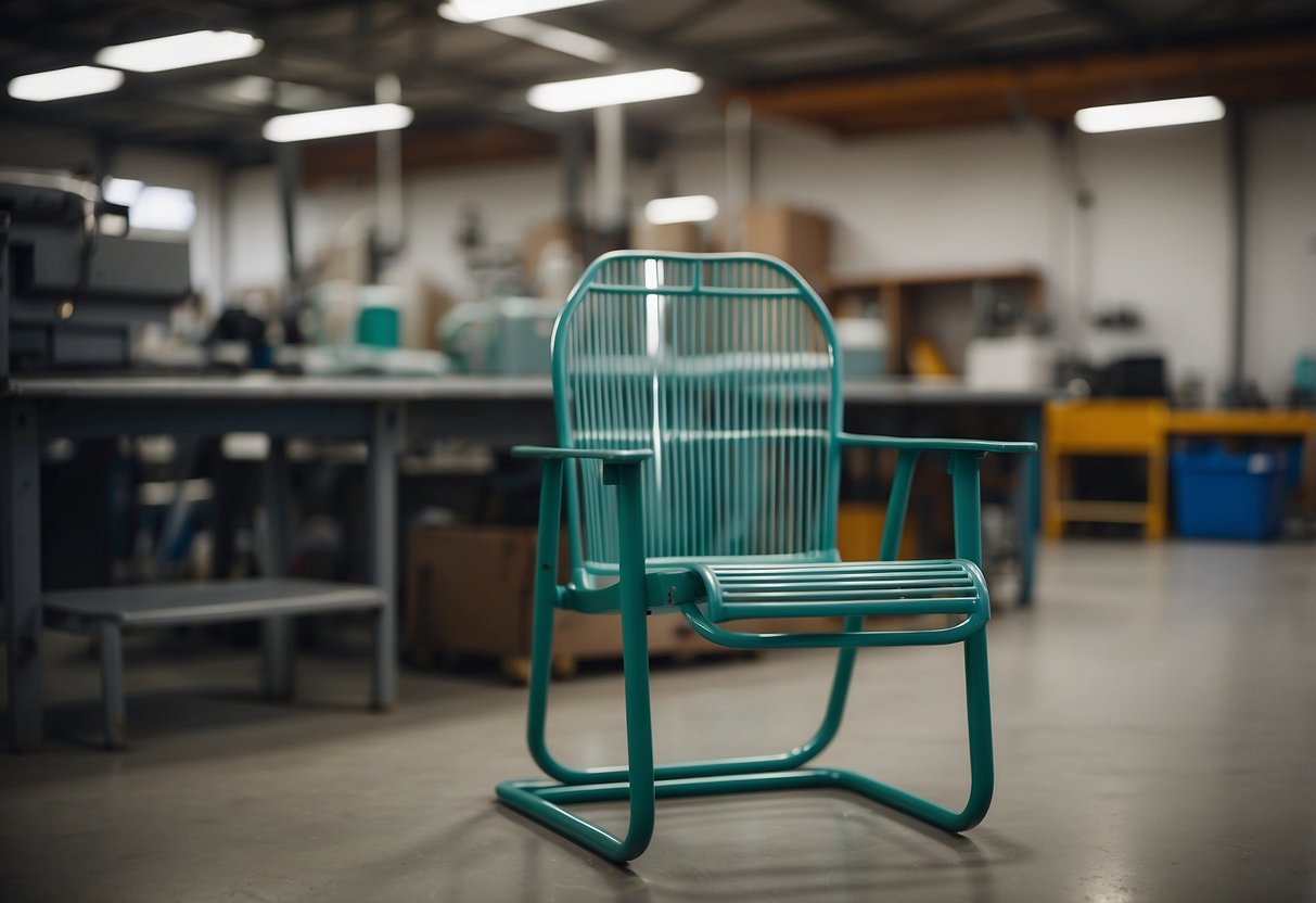 A metal lawn chair sits in a clean, well-lit workshop. A technician sprays it with a fine powder, coating it in a smooth, even layer