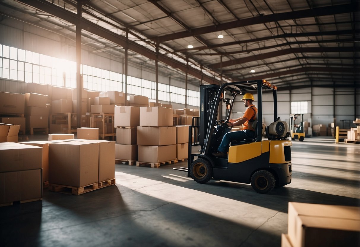 An expansive warehouse with rows of furniture, shelves of decor, and workers moving boxes. A forklift navigates the space, while sunlight streams through high windows