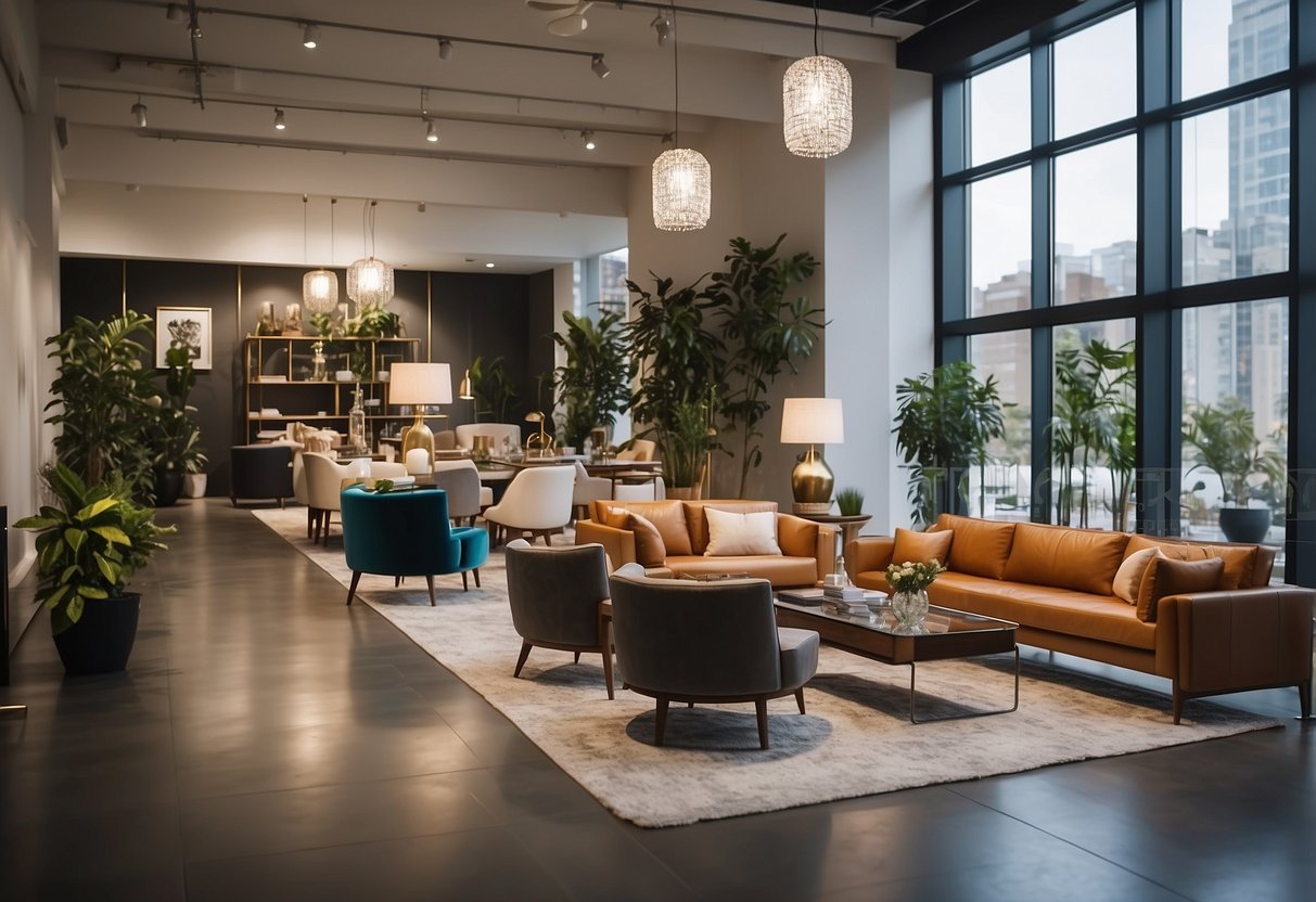A showroom filled with modern furniture displays, with clean lines and elegant designs. Bright lighting highlights the quality craftsmanship of each piece