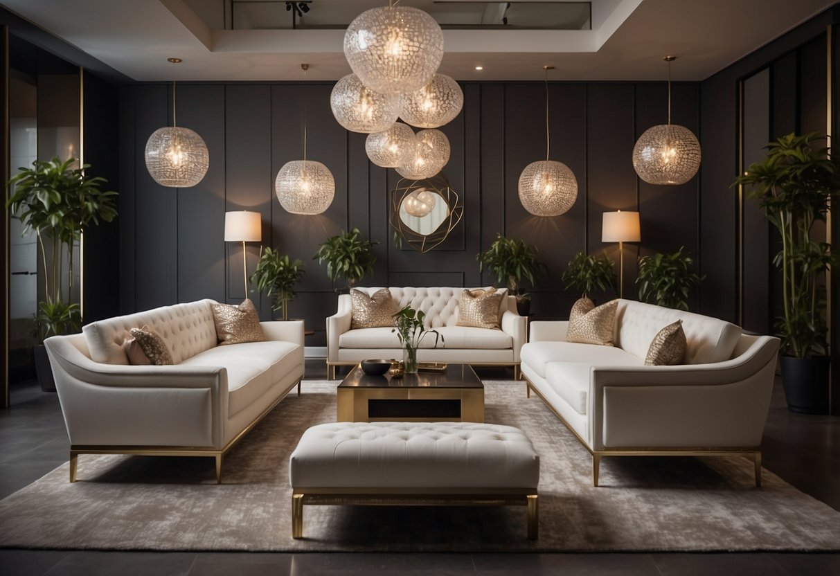 Luxurious furniture displayed in a modern showroom with elegant lighting and sleek decor. Customers browse and interact with staff