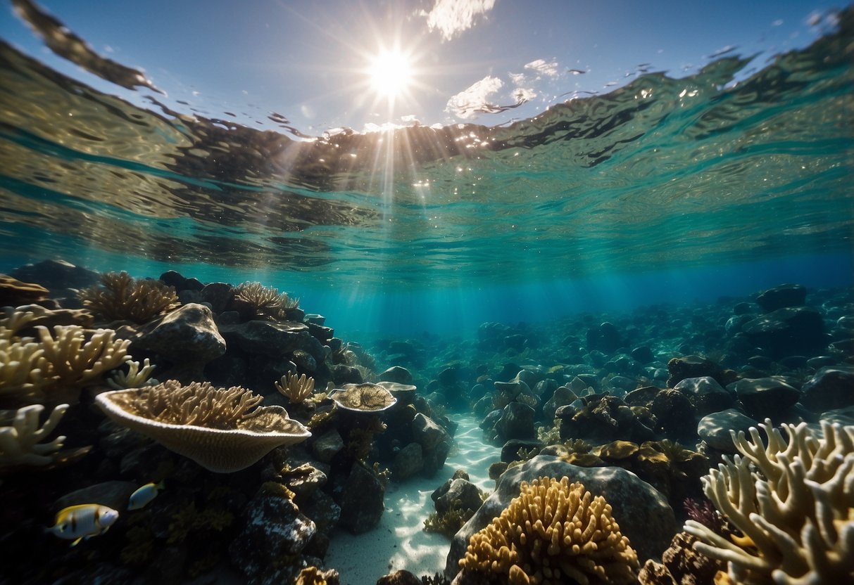 Crystal clear water reveals colorful coral, fish, and marine life. Sunlight filters through the waves, creating a serene underwater world. Rock formations and seagrass sway gently in the current