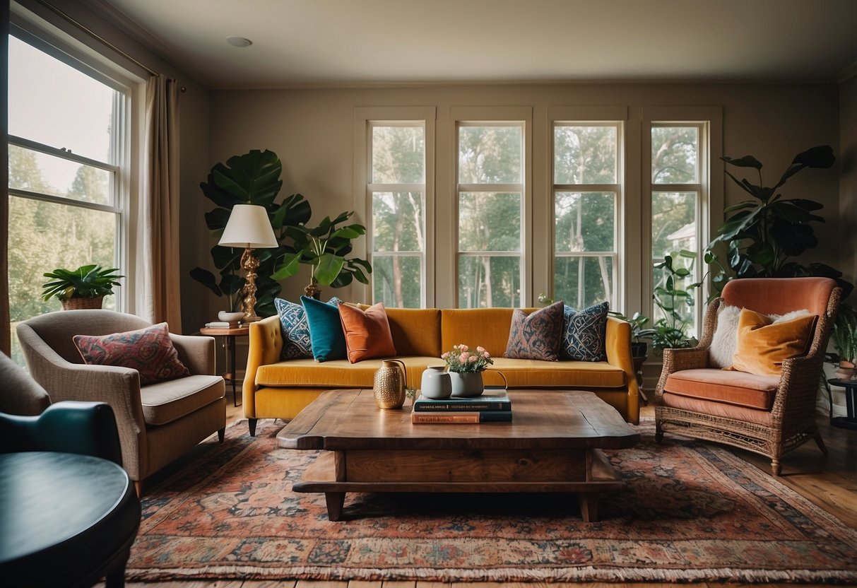 A cozy living room with eclectic furniture pieces, including a hand-carved wooden coffee table, a vibrant patterned rug, and a statement-making velvet sofa