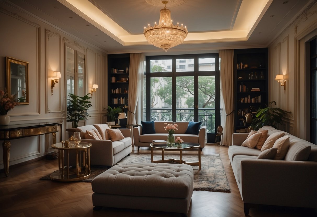 A cozy Parisian living room in Singapore, with elegant furniture, ornate details, and soft lighting creating a warm and inviting atmosphere