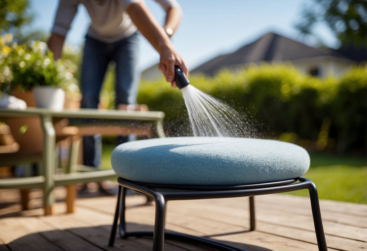 A person sprays a clear protective coating onto a set of powder-coated lawn furniture, ensuring a smooth and even application for long-lasting durability