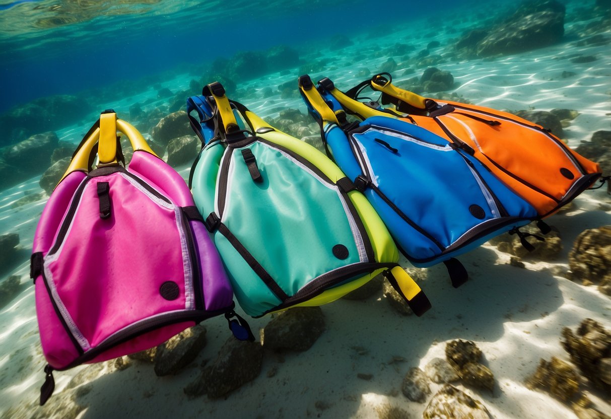 A group of colorful lightweight snorkeling jackets floating on the crystal clear water surface, with snorkels and masks attached