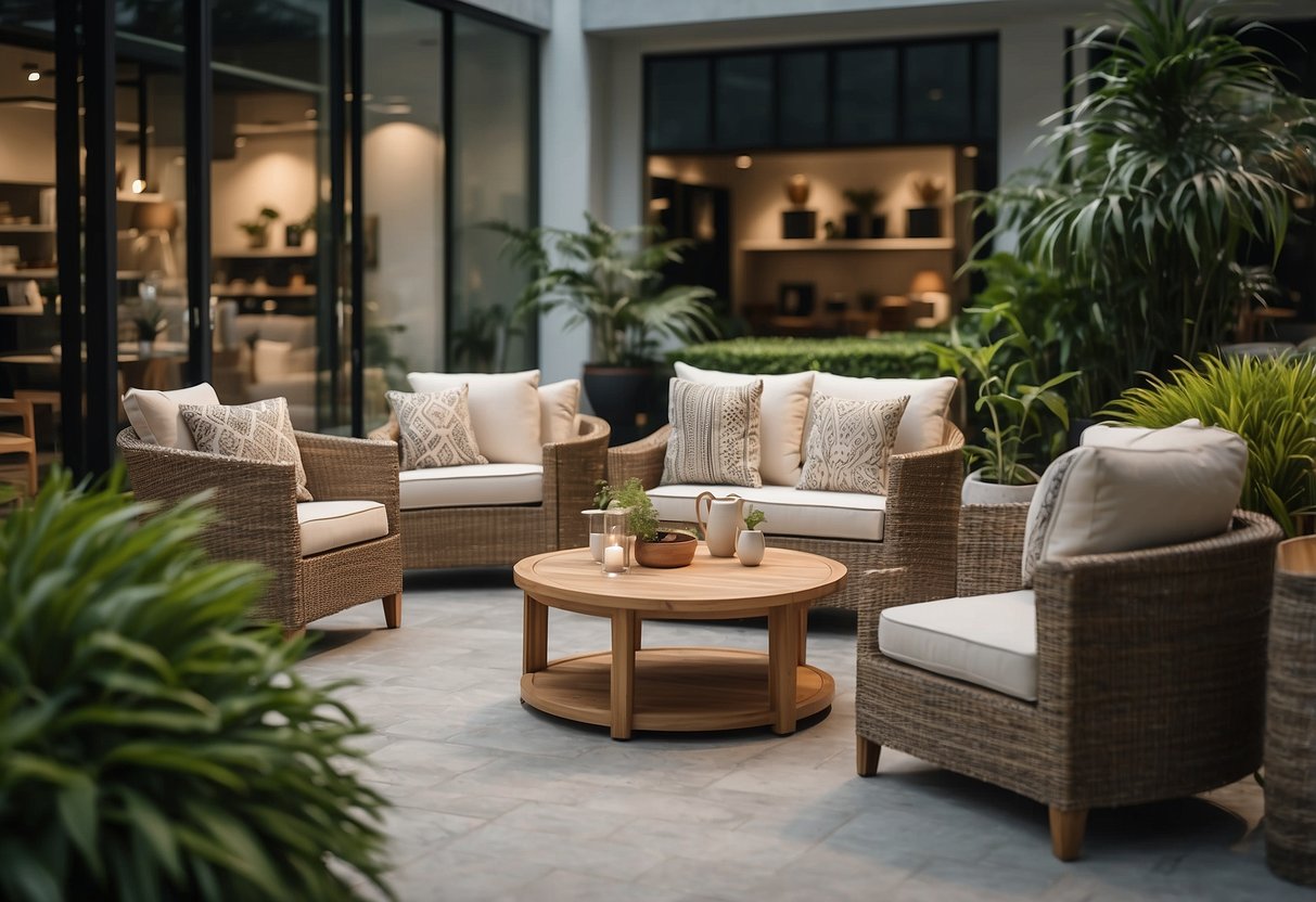A customer browses various outdoor furniture sets at a store in Singapore, carefully considering the style, size, and material of each piece