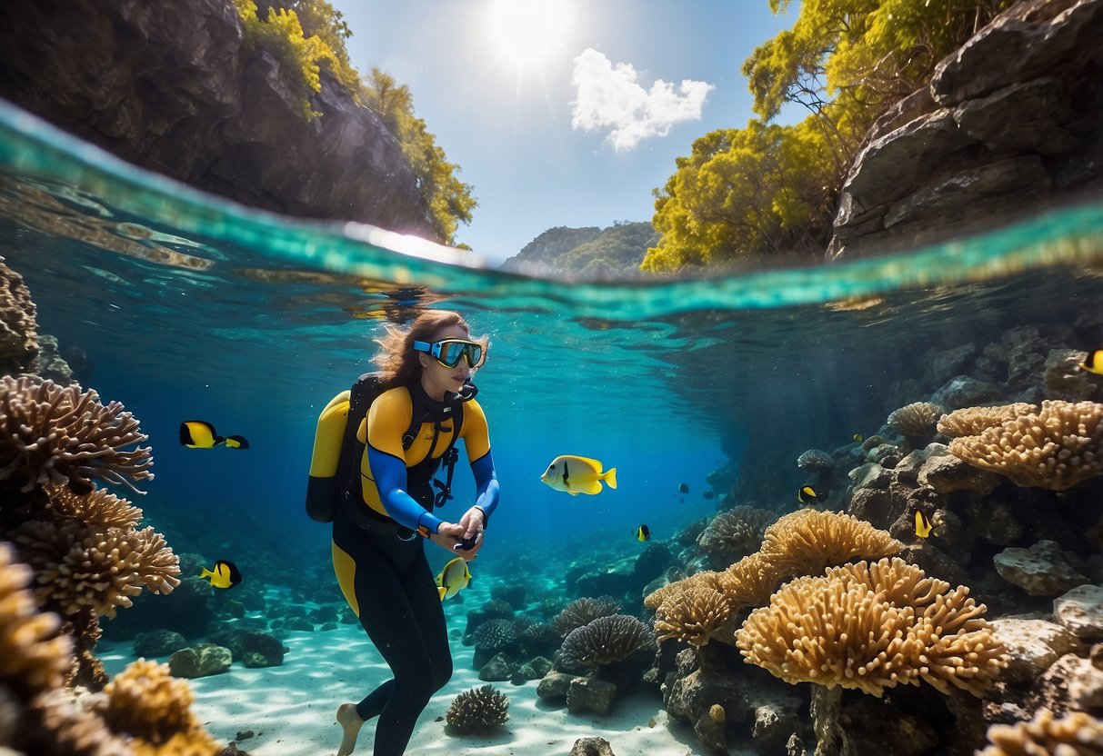 A tropical beach with clear blue water, palm trees, and a snorkeler wearing a Cressi Men's Rash Guard exploring the colorful coral reef