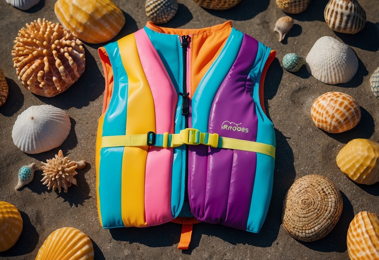 A colorful kids' swim vest floats on calm ocean waters, surrounded by friendly sea creatures. Bright and lightweight snorkeling jackets hang nearby