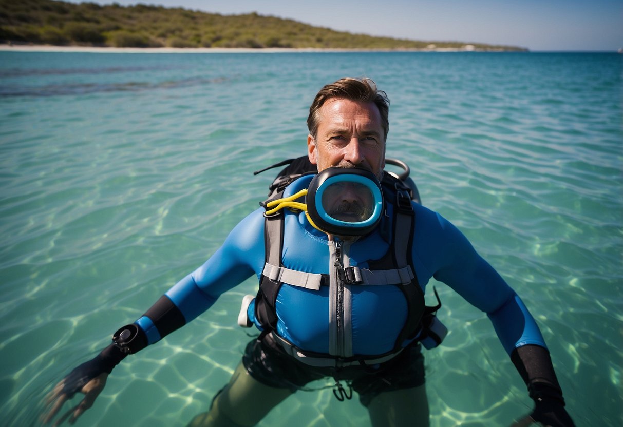 A man's water jacket floats on a calm, turquoise sea. Sunlight glistens on the lightweight fabric, while snorkeling gear peeks out of the pockets