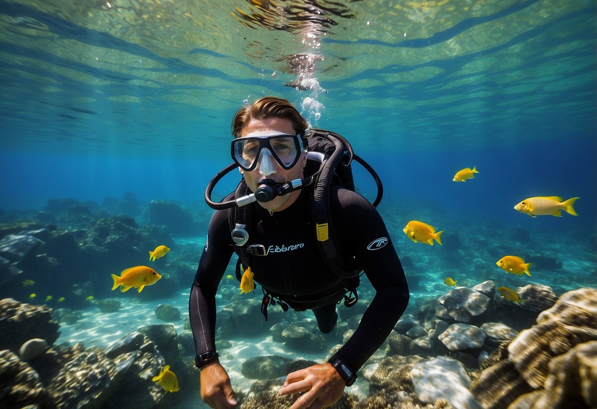 A snorkeler wearing a Scubapro Everflex Skin 5 jacket floats effortlessly in the crystal-clear water, surrounded by colorful fish and vibrant coral reefs