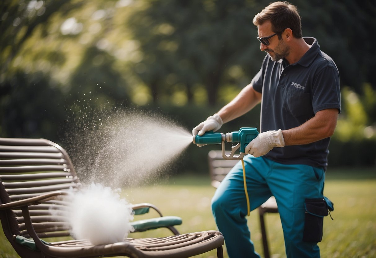 A person spraying powder coating onto lawn furniture with a spray gun in a well-ventilated area