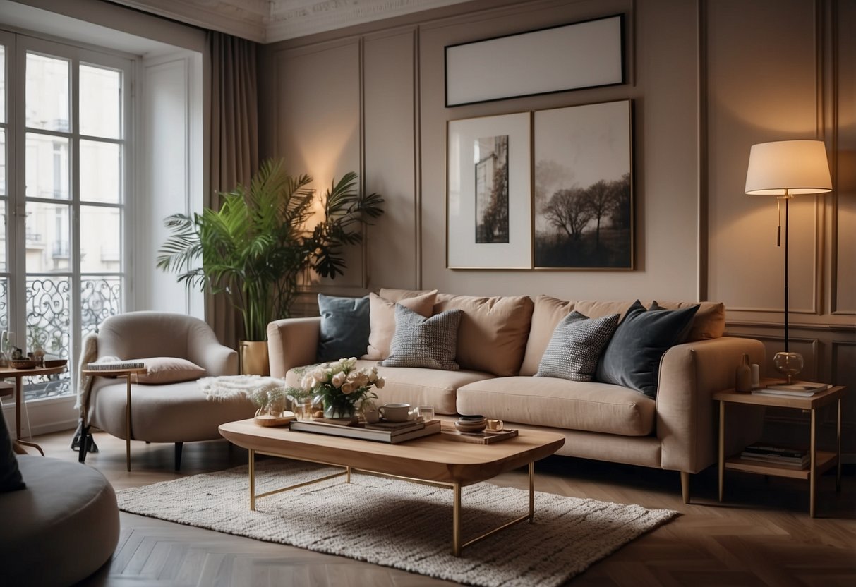 A cozy living room with modern Parisian furniture, adorned with elegant decor and soft lighting, creating a warm and inviting atmosphere