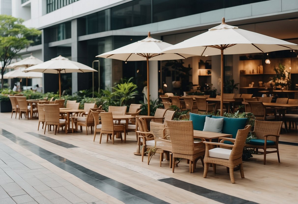 A bustling outdoor furniture store in Singapore with customers browsing, staff assisting, and a wide variety of chairs, tables, and umbrellas on display