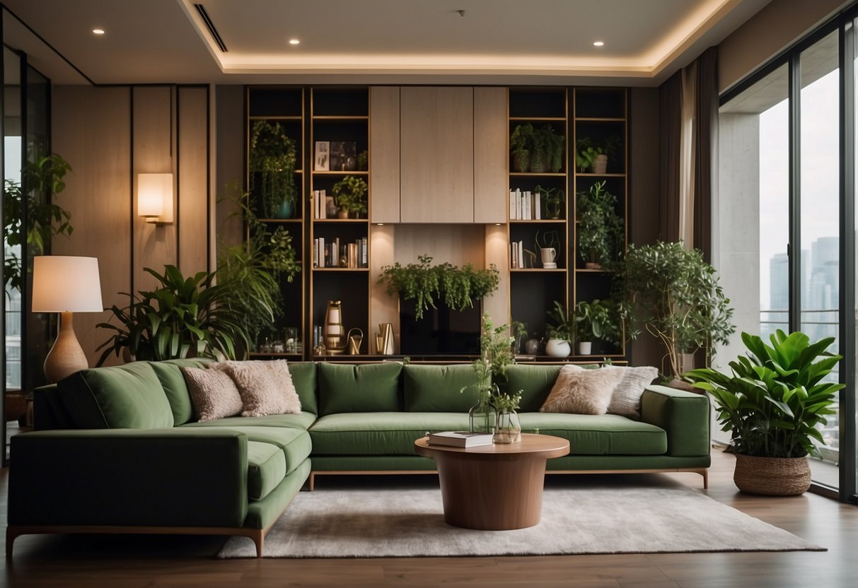 A cozy living room with elegant Scene Shang furniture, soft ambient lighting, and lush green plants creating a tranquil and inviting atmosphere