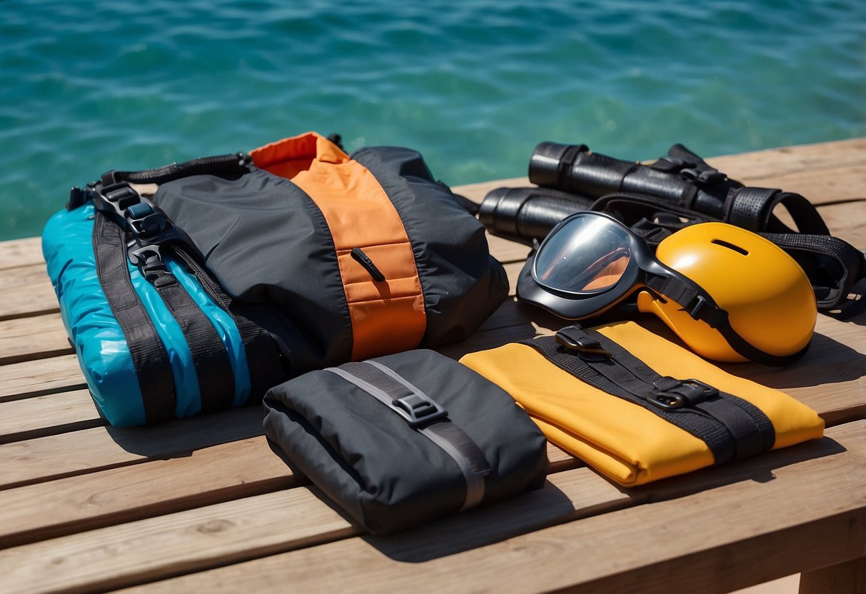 A table with 5 lightweight snorkeling jackets laid out, surrounded by snorkeling gear and maintenance tools