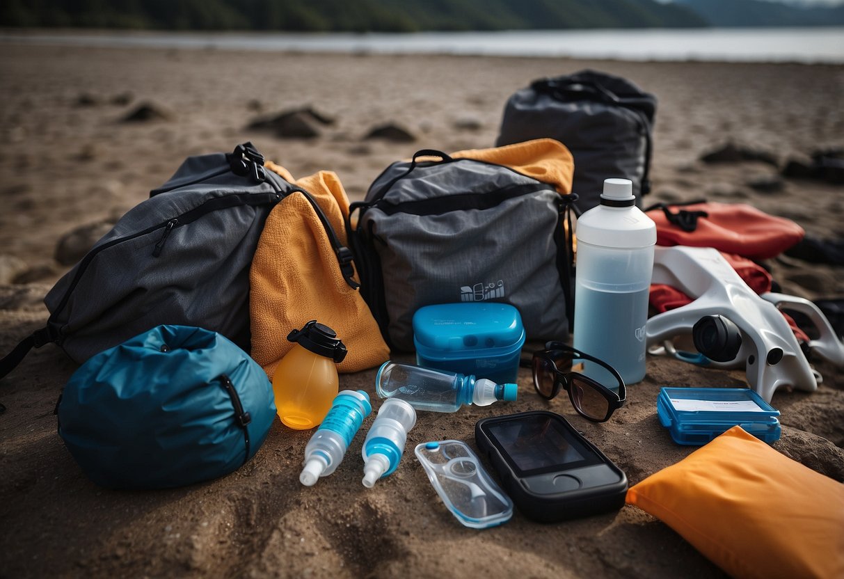 Gear laid out on a dry surface, surrounded by waterproof bags and containers. A towel is nearby for drying off equipment. Sunscreen and a water bottle are also visible