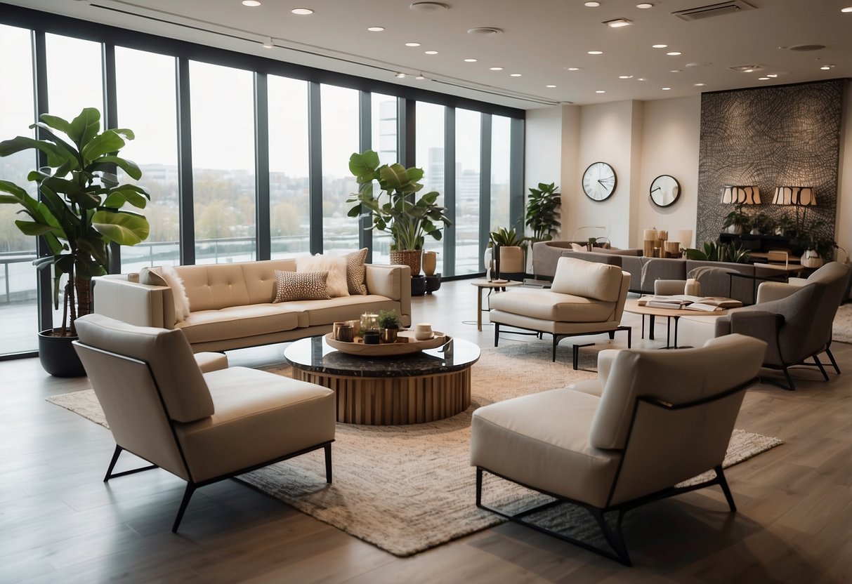 A showroom with modern furniture displayed in a spacious, well-lit setting. Clean lines, neutral colors, and sleek designs are featured throughout