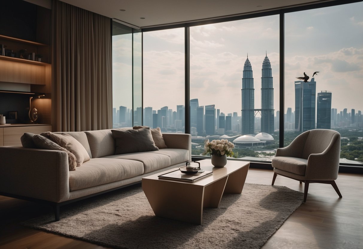 A cozy living room with modern Parisian furniture, set against the backdrop of the iconic Singapore skyline