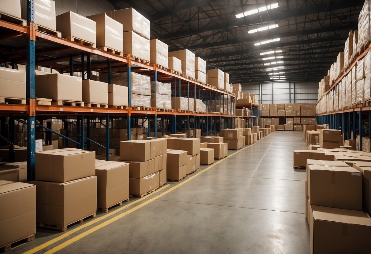 A warehouse with rows of neatly stacked furniture. Signs with "Frequently Asked Questions" are posted throughout the space