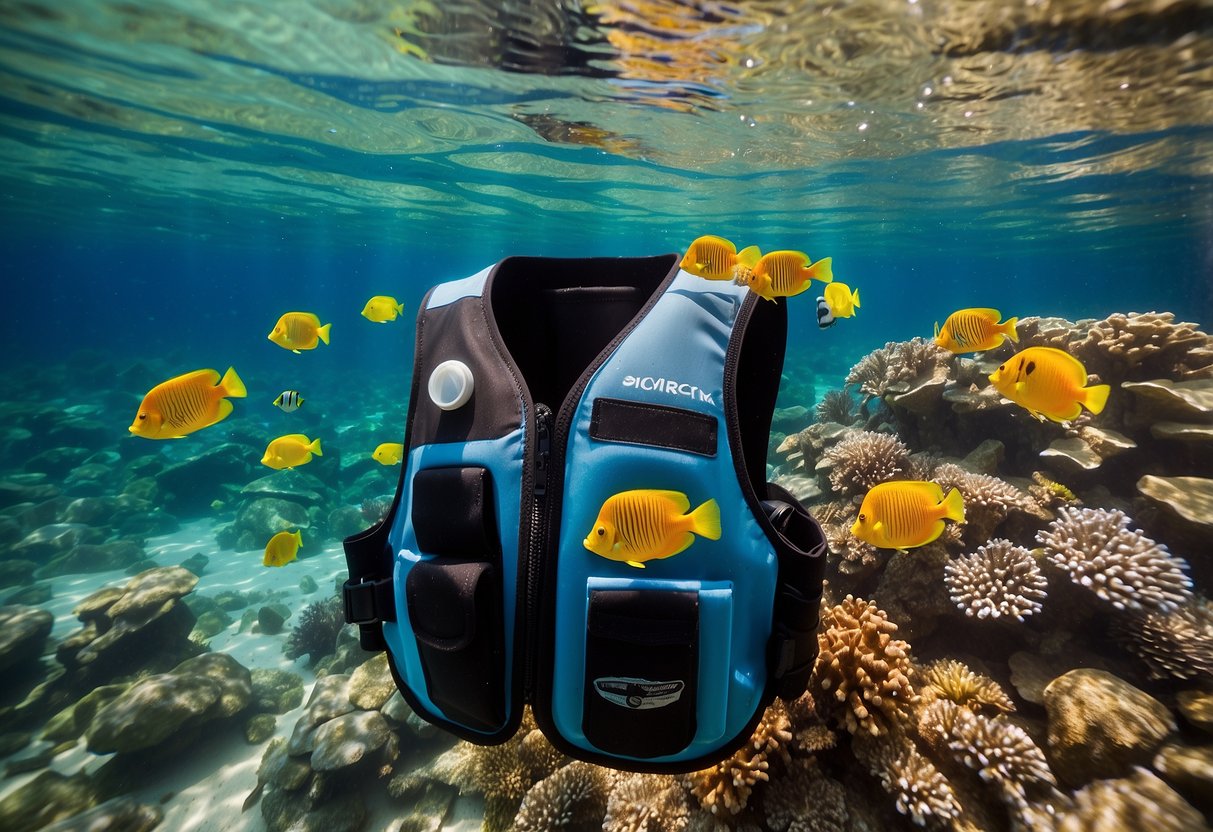 A snorkel vest with pockets is floating on calm, clear water, surrounded by colorful fish and coral. The sun is shining, and the water is crystal clear, showcasing the vibrant underwater world