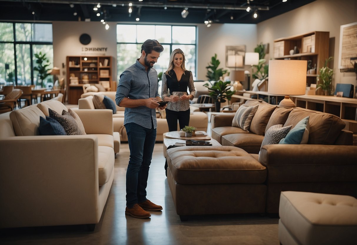 A customer browsing through various furniture pieces, while a salesperson assists another customer nearby