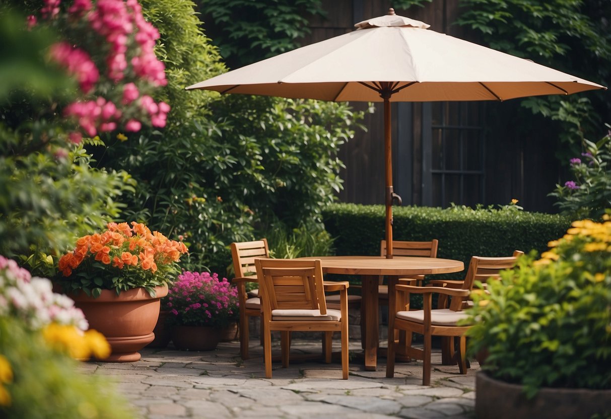 A cozy outdoor seating area with a wooden table, chairs, and a parasol, surrounded by lush greenery and colorful flowers