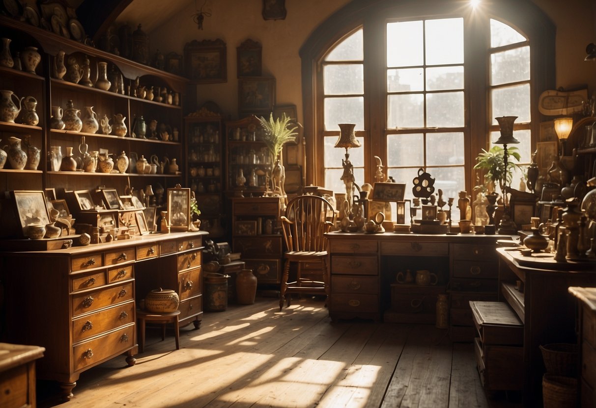 The cluttered antique shop is filled with vintage furniture and knick-knacks. Sunlight streams through dusty windows, casting shadows on the worn wooden floors