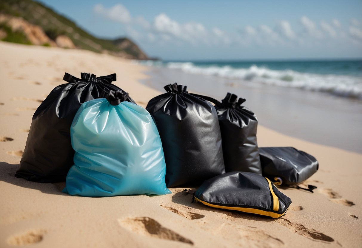 A stack of waterproof vacuum bags sits next to snorkeling gear on a sandy beach, with waves crashing in the background