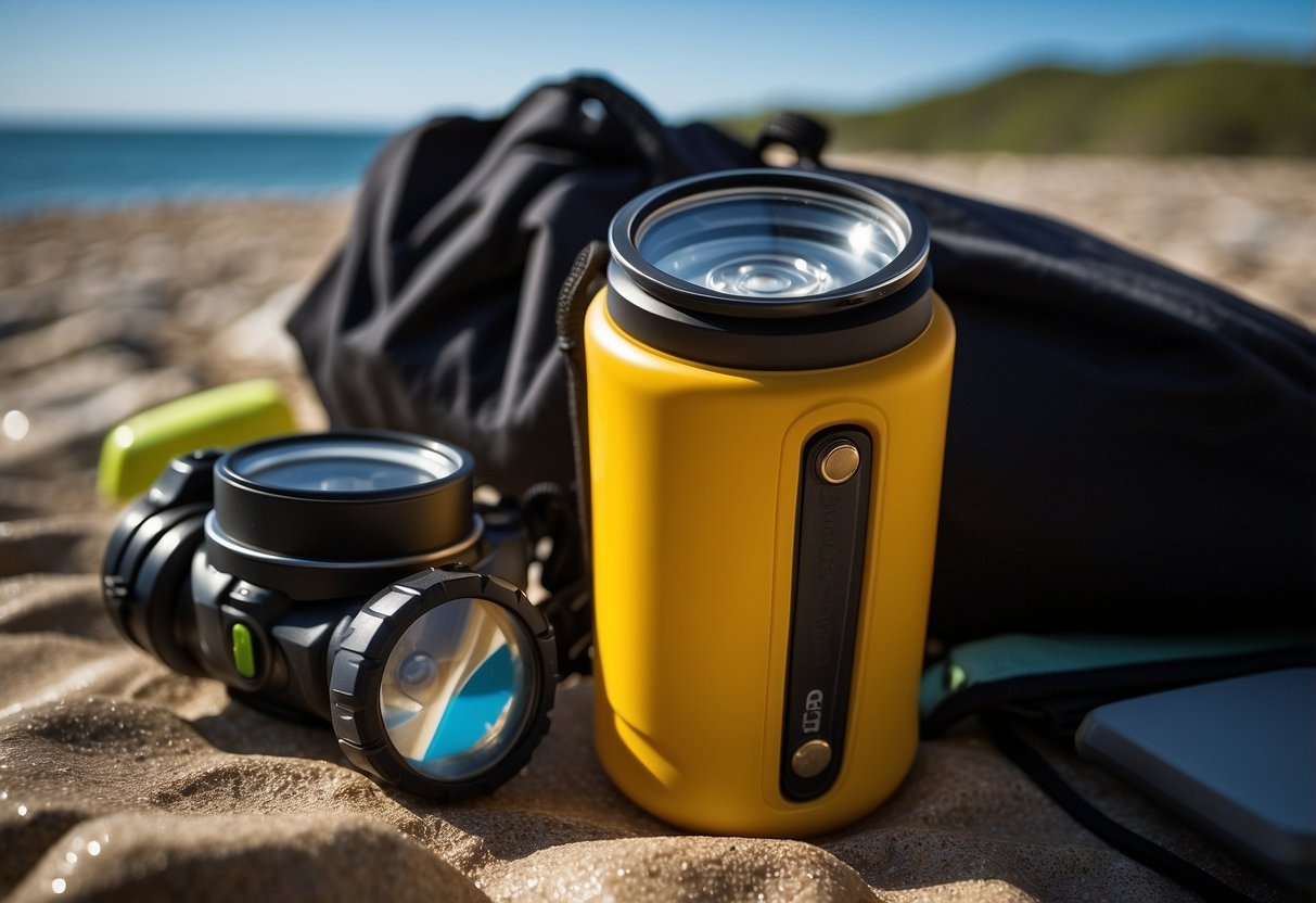 A waterproof flashlight illuminates snorkeling gear inside a dry bag, surrounded by a towel, waterproof phone case, and sealed containers