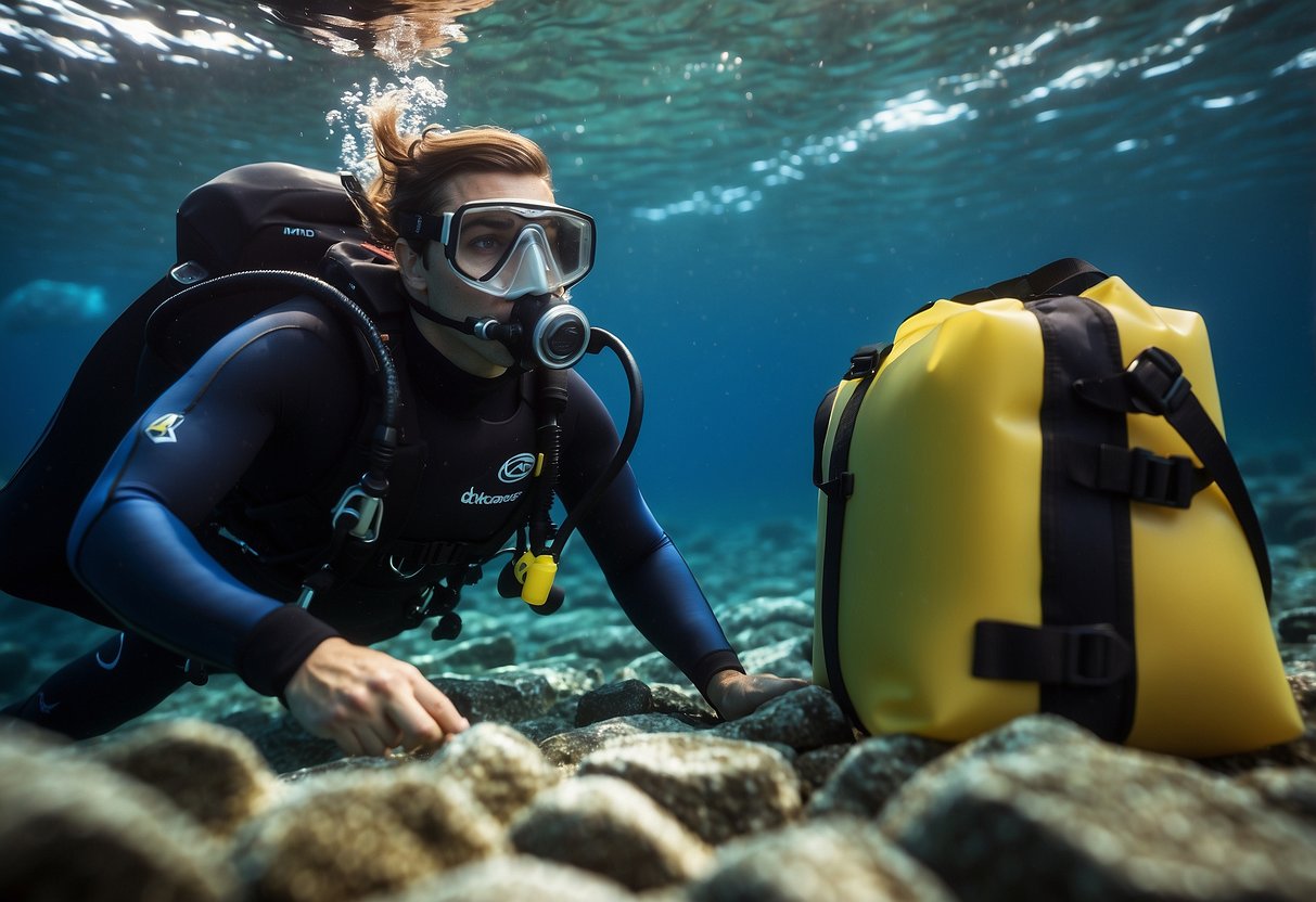 A diver in a dry suit with snorkeling gear, surrounded by waterproof bags, containers, and a sealed waterproof box to keep gear dry