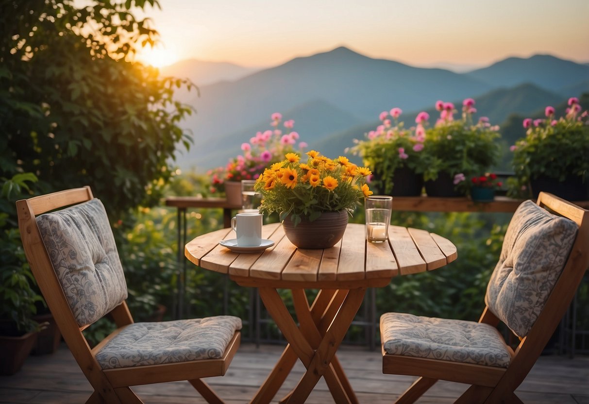 A cozy patio with a wooden table and chairs, surrounded by lush greenery and colorful flowers, with a view of the sunset over the mountains