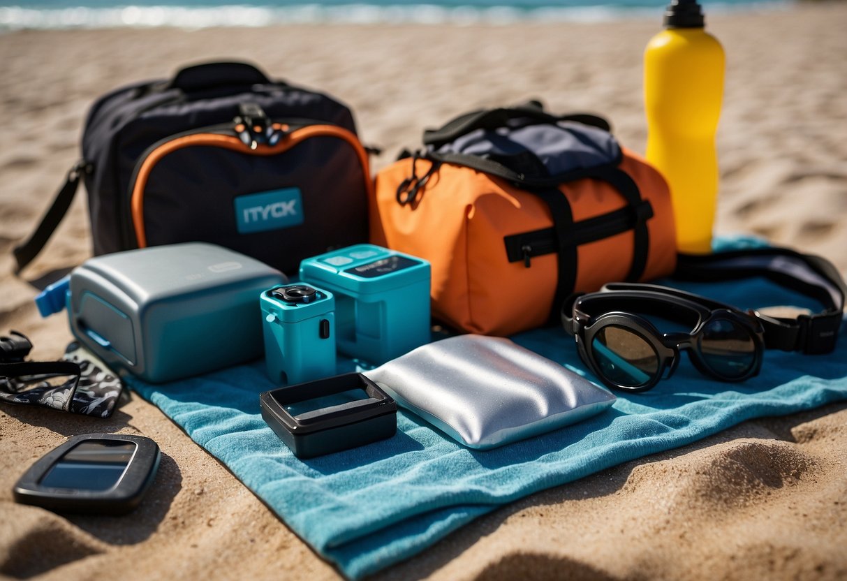 A gear cleaning kit sits on a beach towel, surrounded by snorkeling equipment. A waterproof bag and silica gel packets are nearby