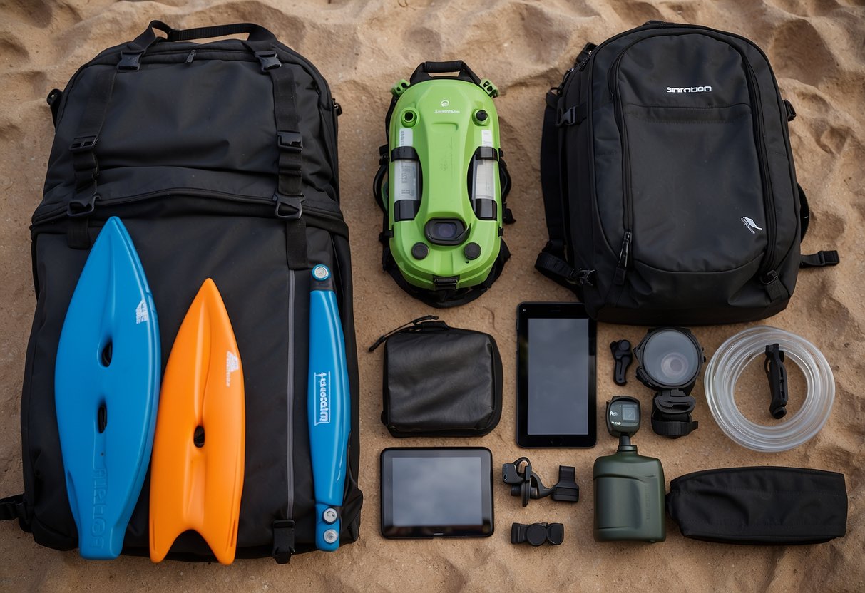 Gear laid out on a dry surface with waterproof bags and containers. Snorkel, fins, and mask are neatly organized and protected from moisture