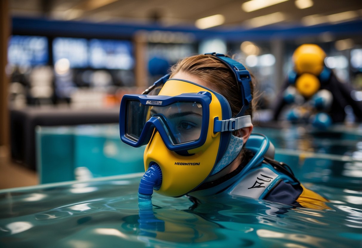 A snorkeler carefully selects waterproof gear from a display, including dry bags, waterproof cases, and protective covers for electronics and valuables